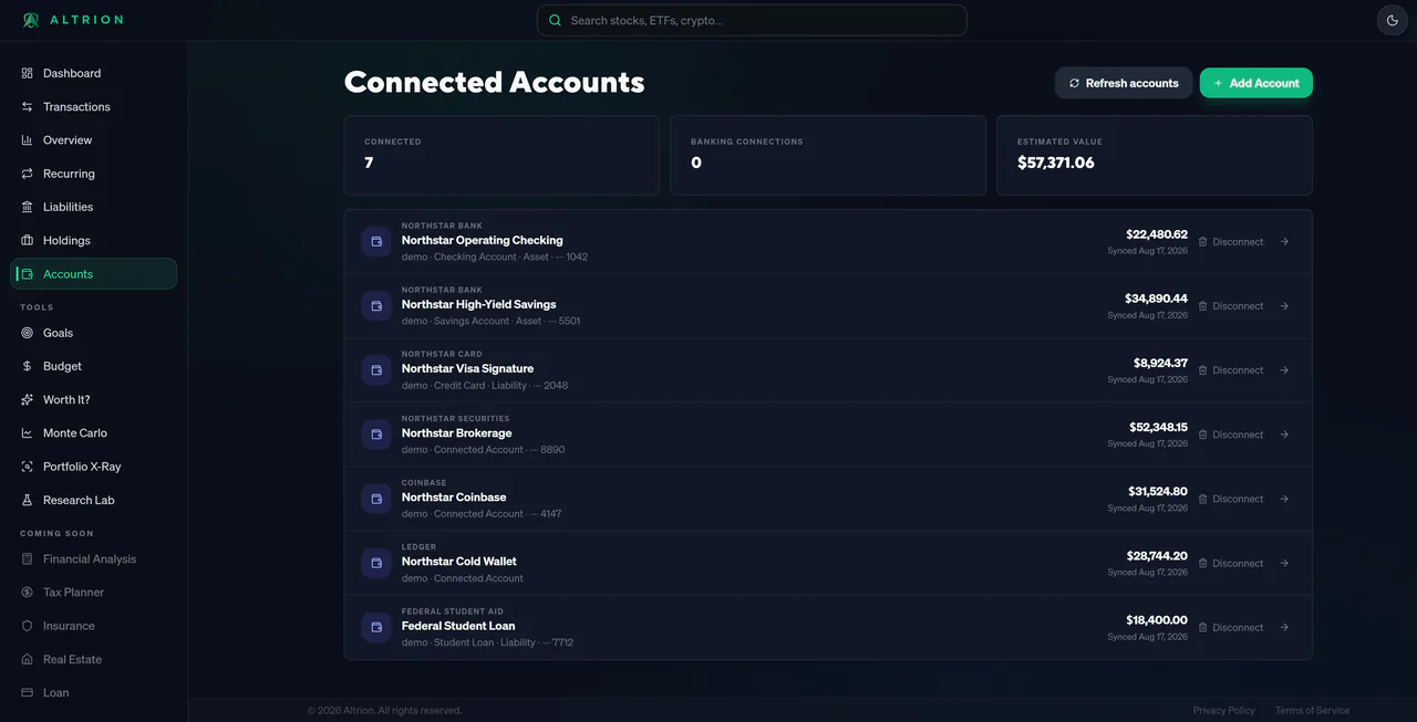 Altrion Connected Accounts screen showing banks, brokerage, crypto, and loan accounts linked in one place.