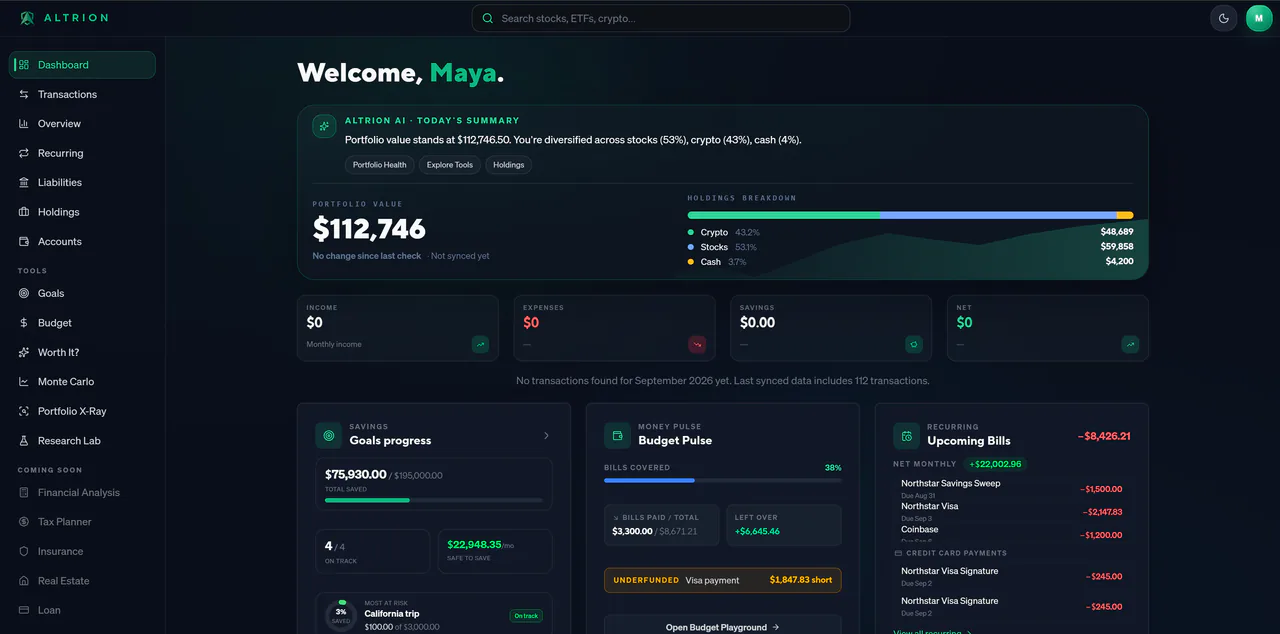 Altrion dashboard showing a $112,746 portfolio split across crypto, stocks, and cash in one unified view.